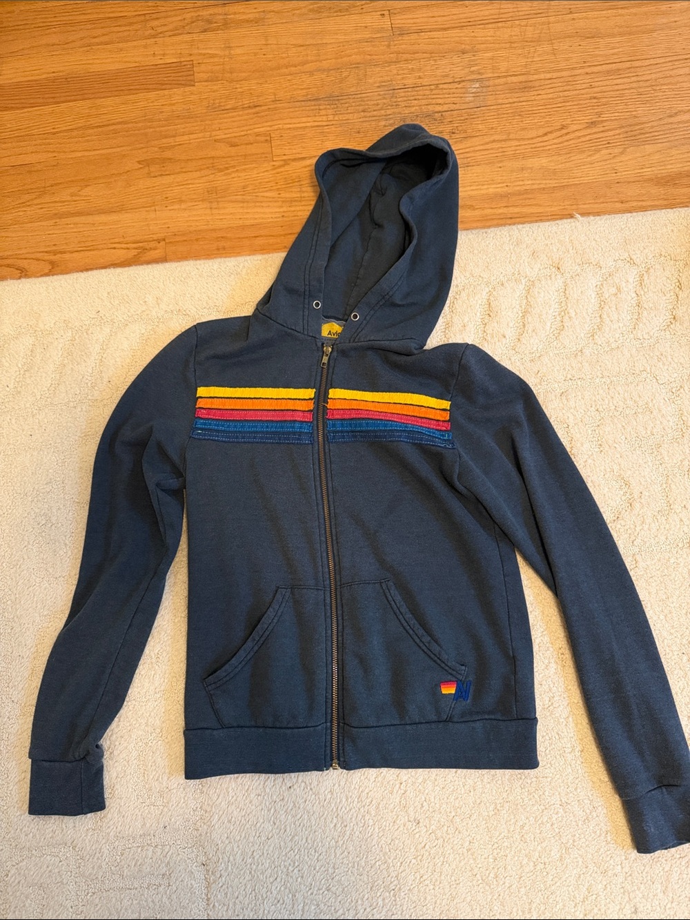 🏄🏼❤️🧡💛💙Aviator Nation Navy Zip Hoodie with Yellow, Red & Blue Stripes